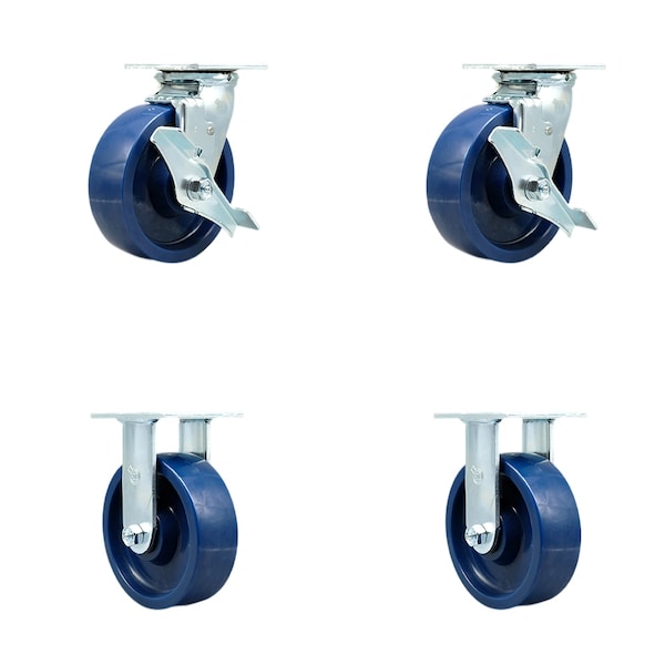 6 Inch Solid Polyurethane Caster Set with Ball Bearings 2 Brakes 2 Rigid SCC